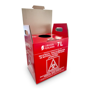 Caja de cartón para residuos punzocortantes. Contenedor para desechos biológicos peligrosos. Recipiente para residuos hospitalarios